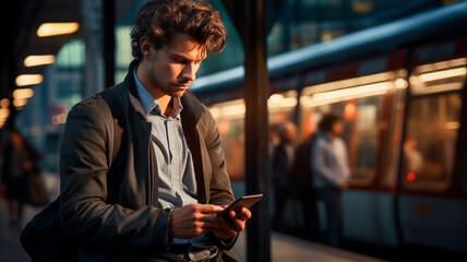 Un joven y elegante hombre de negocios la estación esperando el transporte mientras utiliza su teléfono. - obrazy, fototapety, plakaty