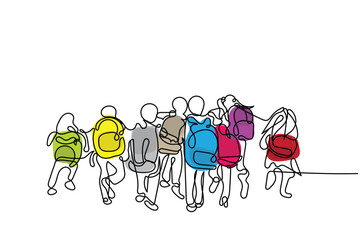 Continuous line art of a group of kids going to school or back to school. happy kid