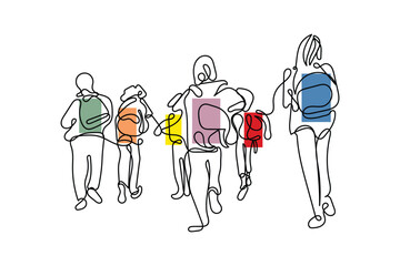 Continuous line art of a group of kids going to school or back to school. happy kid