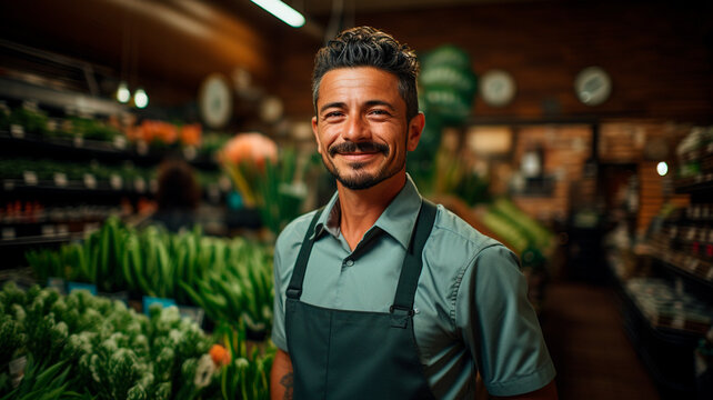 Sonriente Joven Trabajador De Supermercado Mirando A La Cámara, Con Productos Frescos En El Fondo.