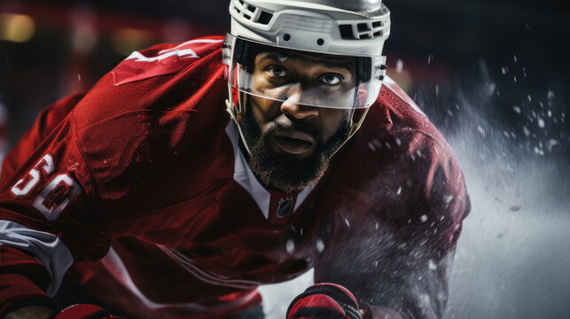 African american hockey player wear red uniform in action on ice court. Close-up.