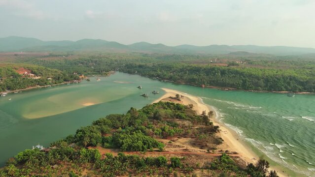 Goa, India: Aerial view of famous Indian summer resort by Arabian Sea, southern part of region with beaches Mobor, Betul and Cavelossim beach - landscape panorama of South Asia from above