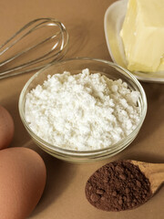 Ingredients to cook a recipe.  Flour used for cooking. 