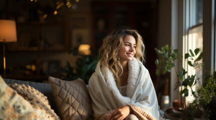 Beautiful blonde woman wrapped in warm blanket sitting on sofa at home and looking at window. - obrazy, fototapety, plakaty