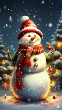 Snowman with snow falling