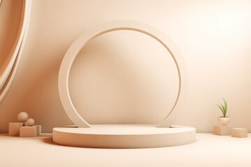beige geometric empty showcase podium 3d rendering in round shape. Product and cosmetics photography backdrop pedestal.