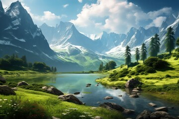 Fototapeta na wymiar green peaceful landscape with lake in the mountains