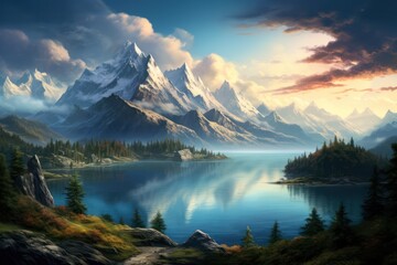 lake in the mountains at sunrise or sunset.Peaceful tranquil glacier illustration.