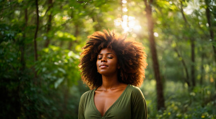 Relaxed woman breathing fresh air in a green forest. Model for advertising, advert, ad, ads with nature background. Selective focus portrait. African american girl with afro dark hair, beautiful face. - obrazy, fototapety, plakaty