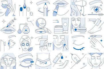 Skincare and cosmetology beauty therapy and healthcare isolated linear icons beauty illustration