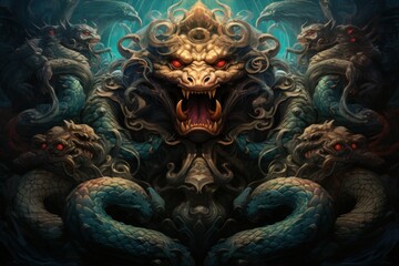 Ancient sea serpents, guardians of hidden treasures beneath the ocean depths - Generative AI