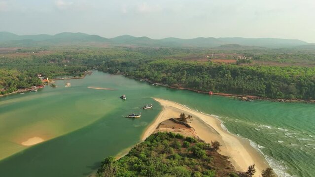 Goa, India: Aerial view of famous Indian summer resort by Arabian Sea, southern part of region with beaches Mobor, Betul and Cavelossim beach - landscape panorama of South Asia from above