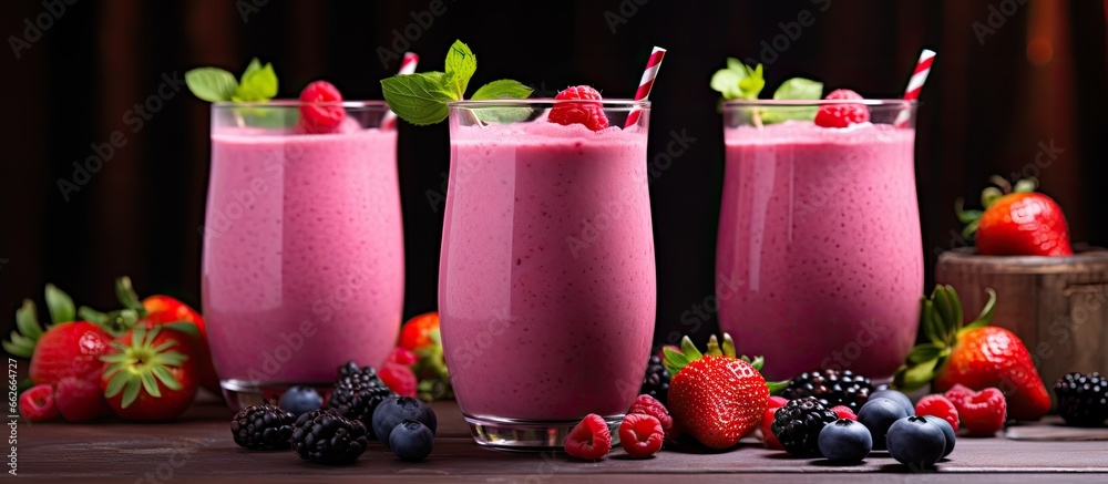 Poster Berries encircling a berry smoothie With copyspace for text