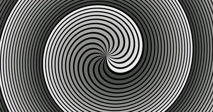 4k retro seamless looping spiral background. Optical illusion. Modern black white striped pattern. Circular swirl geometric tunnel Monochrome hypnotic psychedelic vintage BG. 60s 70s rotation template