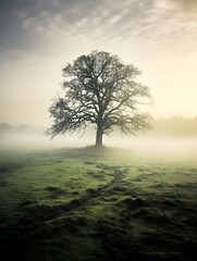 tree in the mist, fog, Ai generated 