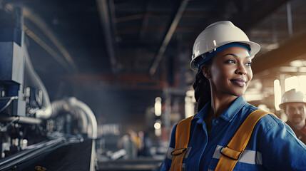 Portrait of a black female engineer working in a factory - obrazy, fototapety, plakaty