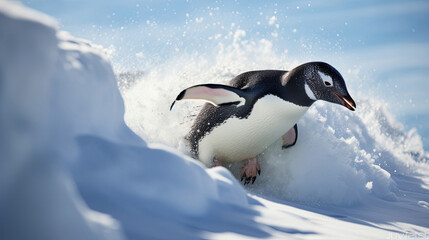 Fototapeta premium Penguins Gleefully Slide Down Snowy Hill on Bellies