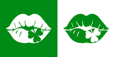 Día de San Patricio. Beso irlandés. Logo con silueta de labios de mujer con shamrock de 3 hojas en espacio negativo - obrazy, fototapety, plakaty