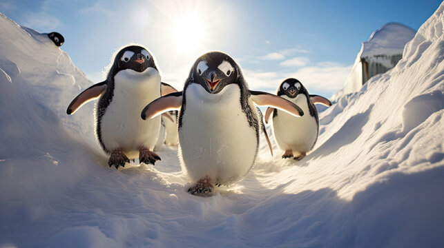 Penguins Gleefully Slide Down Hill Leave Snowy Flurries