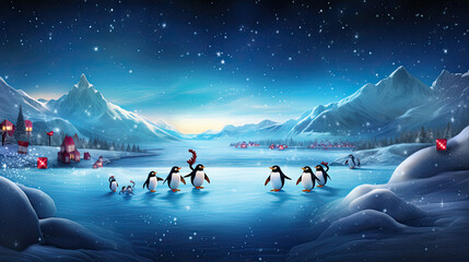 Magical Penguin Ice Skating Party: Graceful Glides - obrazy, fototapety, plakaty
