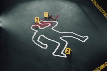 Crime Scene Investigation: Bloodied Body Outline with Hammer Evidence