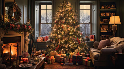 Naklejka na ściany i meble A cozy living room adorned with twinkling lights and a grand Christmas tree surrounded by presents wrapped in vibrant paper