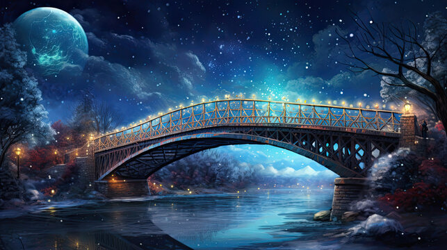 Twinkling Starlit Bridge at a Starry Winter Night