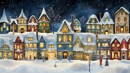 Rows of festively decorated houses with glowing windows smoke rising from chimneys and snow-covered roofs