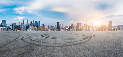 Race track road and city skyline with modern buildings scenery in Guangzhou, Guangdong Province,...