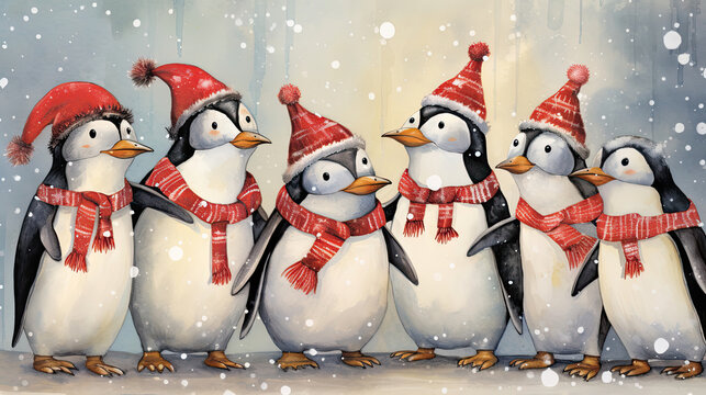 A cheerful design featuring a choir of singing penguins dressed in Santa hats and scarves