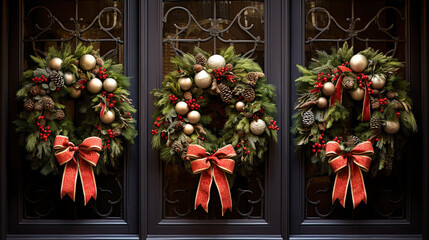 Fototapeta na wymiar A cheerful arrangement of festive wreaths adorned with bows berries and ornaments