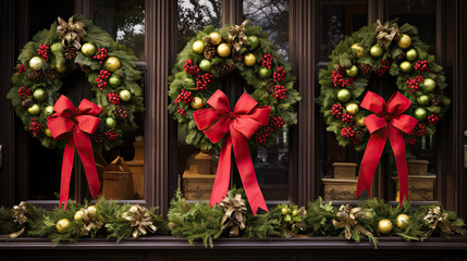 Fototapeta na wymiar A cheerful arrangement of festive wreaths adorned with bows berries and ornaments