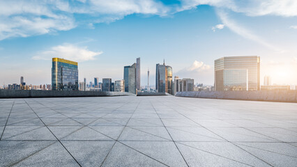 Fototapeta premium Guangzhou city skyline and modern buildings with empty square floors, Guangdong Province, China. Panoramic view.