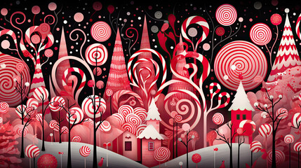 A playful pattern of animated candy canes dancing and twirling in a candy-filled wonderland
