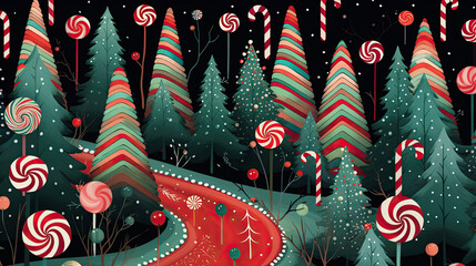 A playful pattern of animated candy canes dancing and twirling in a candy-filled wonderland