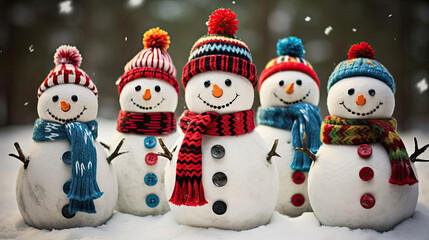 A vibrant array of friendly snowmen each with its own unique hat and scarf combination