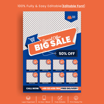 Editable Product Sale Promotion Print Flyer Or Leaflet Template, Product Catalog Design, Price Menu, Super Market Sale Flyer, Grocery Sale Poster And Special Offer Discount Promo Advert Design