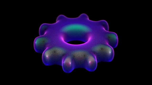 3D neon rotating pixelated cogwheel on black background. Abstract concept of digital innovation, artificial intelligence or information technology. Looped animation of ultraviolet digital cog wheel
