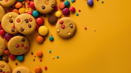 minimalistic background with cookies, cakes and sweets, top view with empty copy space