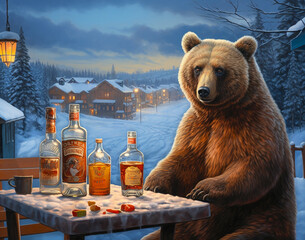 Russian bear Russian at the table with Russian food and vodka - obrazy, fototapety, plakaty