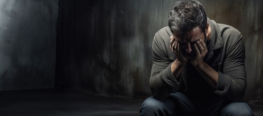 Depressed man crying with head up on hands on dark background - Powered by Adobe
