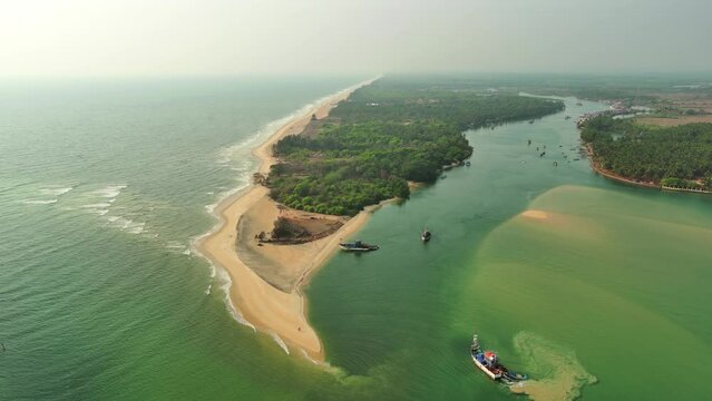 Goa, India: Aerial view of famous Indian summer resort by Arabian Sea, southern part of region with beaches Mobor, Betul and Cavelossim beach - landscape panorama of South Asia from above