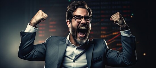 Happy business man celebrating successful growth in stock market forex NFT and Bitcoin cash With copyspace for text