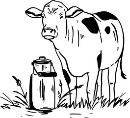 Charming Cow and Milk Can Outline Illustration. 