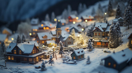 Miniature houses in the village covered by snow at night with light up decoration