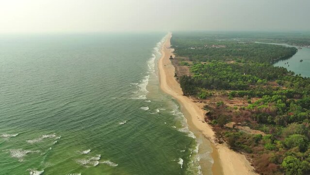 Goa, India: Aerial view of famous Indian summer resort by Arabian Sea, southern part of region with beaches Mobor, Betul and Cavelossim beach - landscape panorama of South Asia from above