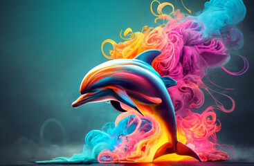 rearing dolphin made from highly detailed curling swirls, thin glowing multi-colored smoke, digital art, volumetric, 3D rendering, Octane render, illustration, wildlife photography, dark fantasy, Ai