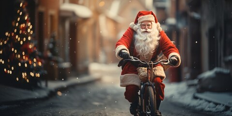 Portrait of Santa Claus riding a bicycle and smiling. A man dressed in a red costume brings New Year's gifts to children. Snow on the street.