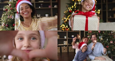 Collage of different people take part in video call, congratulate on New Year and Christmas Eve, showing heart sign to camera, say best wishes, toast, drink champagne, show gifts prepared on holiday - Powered by Adobe