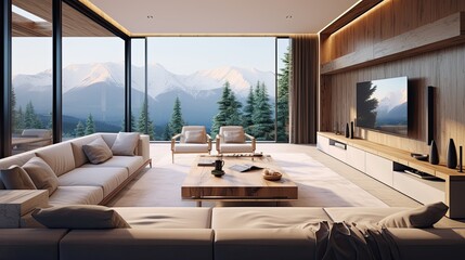 Interior of modern living room with wooden walls, carpet on the floor, panoramic windows and mountain view